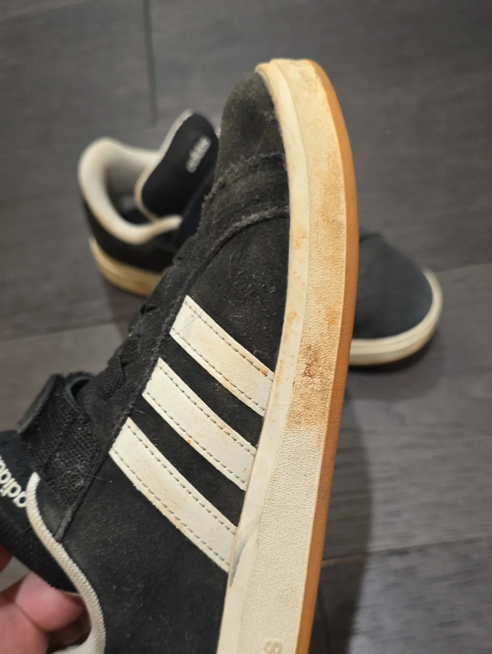 adidas Kids Black Suede Sneakers with Cream Stripes and Sole